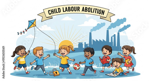 Children playing freely outdoors abolition of child labour concept with kids running and flying kite near factory