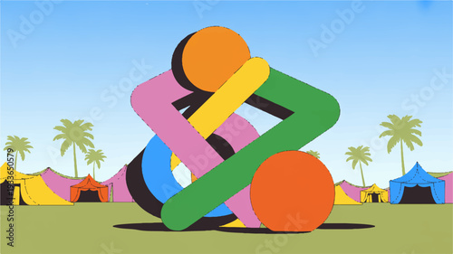 Vibrant abstract sculpture with colorful shapes in a festival setting with palm trees and tents