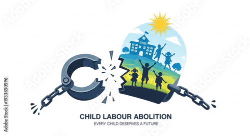 Child labour abolition concept with broken chains and happy children playing outside