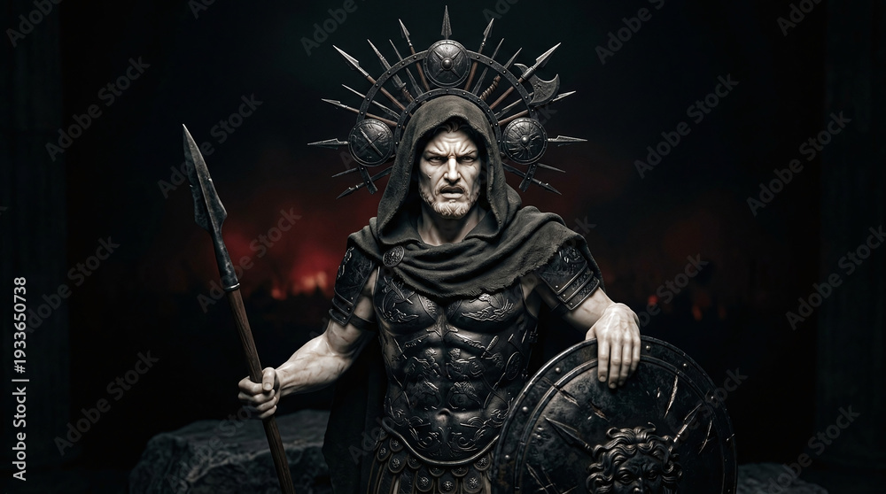 Fototapeta premium A grim warrior in dark armor stands with a spear and shield, wearing a hooded cloak and a spiky halo against a fiery background.