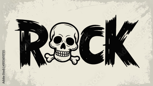 Rock music symbol with skull and crossbones on gray background with black text