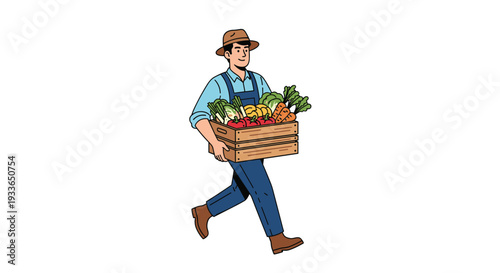 Illustration of a young male farmer walking and carrying a heavy wooden crate filled with fresh harvested colorful vegetables on white.