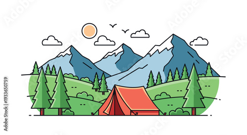 Scenic mountain landscape featuring a red tent pitched in a lush green valley among pine trees under a warm sunset sky with clouds.