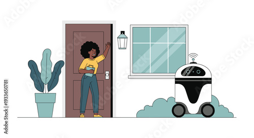 Modern scene showing a woman at her front door waving to an automated delivery robot arriving with a package at a suburban house.