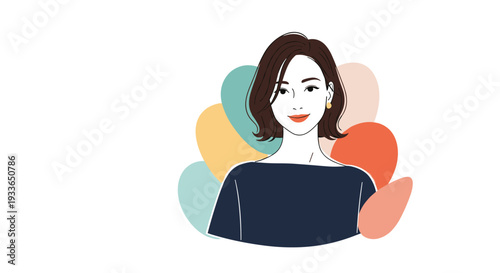 Portrait of a stylish young woman with short brunette hair wearing a navy blue top against a backdrop of soft colored abstract shapes.