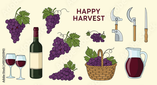 Assorted elements for a grape harvest including bunches of purple grapes, a bottle of red wine, full glasses, a basket, and pruning tools.