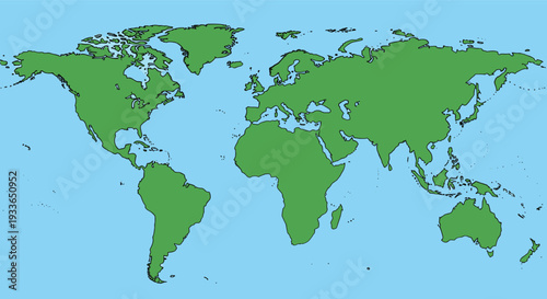 Simple world map illustration showing the continents in green against a light blue background representing the global oceans and seas.