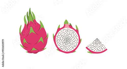 Colorful depiction of an exotic dragon fruit shown as a whole fruit, a halved section, and a smaller wedge with characteristic black seeds.