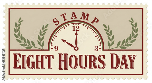 Vintage eight hours day labor movement stamp with clock and laurel leaves on beige background