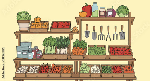 Detailed display of grocery store shelves filled with an abundance of fresh vegetables, jars of preserves, and gardening hand tools.