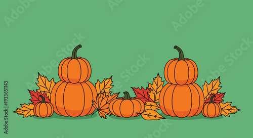 Group of several bright orange pumpkins nestled among a variety of colorful autumn maple leaves against a solid green background.