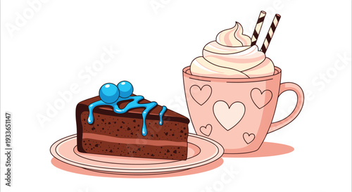 Delicious slice of dark chocolate cake with blue frosting drips next to a pink mug of hot chocolate topped with thick whipped cream.