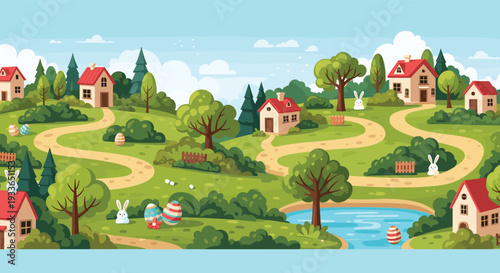 Whimsical Easter landscape featuring cozy small houses, grassy hills, hidden decorated eggs, and white rabbits under a clear blue sky.