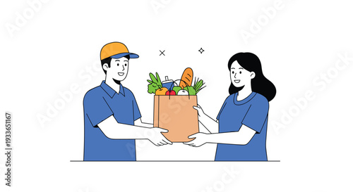 Delivery courier in a blue uniform and cap handing a brown paper bag full of fresh groceries to a smiling woman at her home.