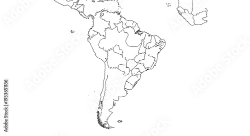 Clean and simple outline map of the continent of South America showing the borders of various countries on a plain white background.