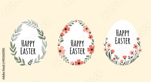 Three decorated white Easter eggs featuring different floral wreaths and the words Happy Easter written in a stylish black font.