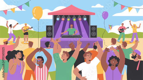 People dancing and having fun at outdoor music festival with colorful stage