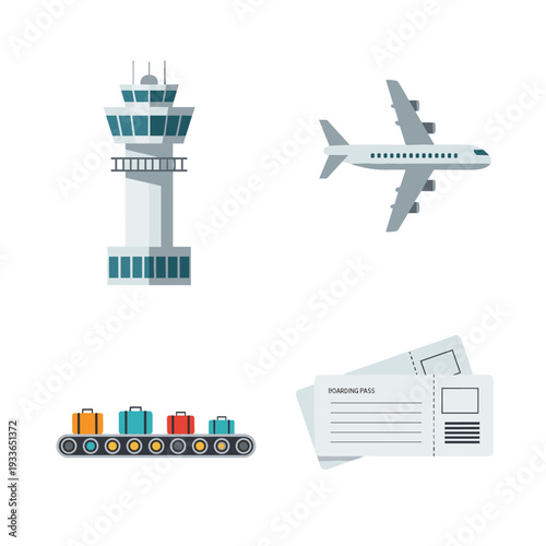 Airport Icons - Control Tower, Airplane, Luggage Belt, Tickets.