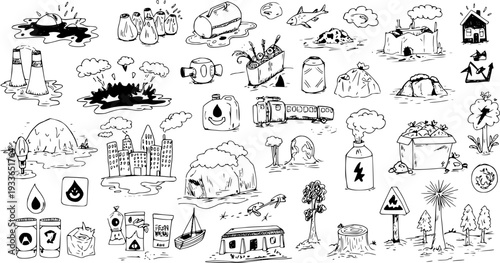 Hand-drawn doodle set: environmental issues, pollution, nature, industrial impact, waste management, and eco-friendly solutions in black and white sketch style.
