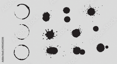 Set of black brush strokes, ink splatters, coffee stains and grunge elements vector illustration. collection of artistic paint drops and round ring marks