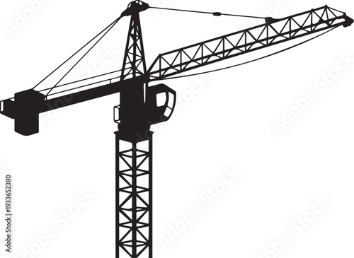 Black silhouette of a construction crane white background