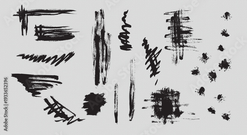 Set of black abstract brush strokes, ink lines and paint splatters grunge elements vector illustration. collection of artistic stains