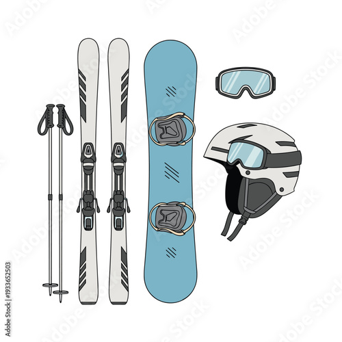 Winter Sports Equipment Set Snowboard Skis Helmet Goggles Poles.