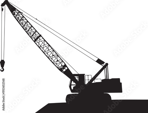 Black silhouette of a construction crane white background