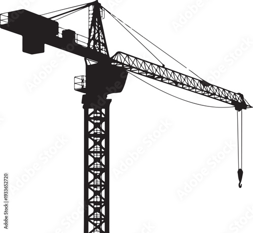 Black silhouette of a construction crane white background