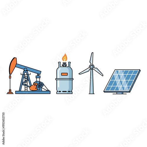 Diverse Energy Sources - Oil, Gas, Wind, and Solar Power Icons.