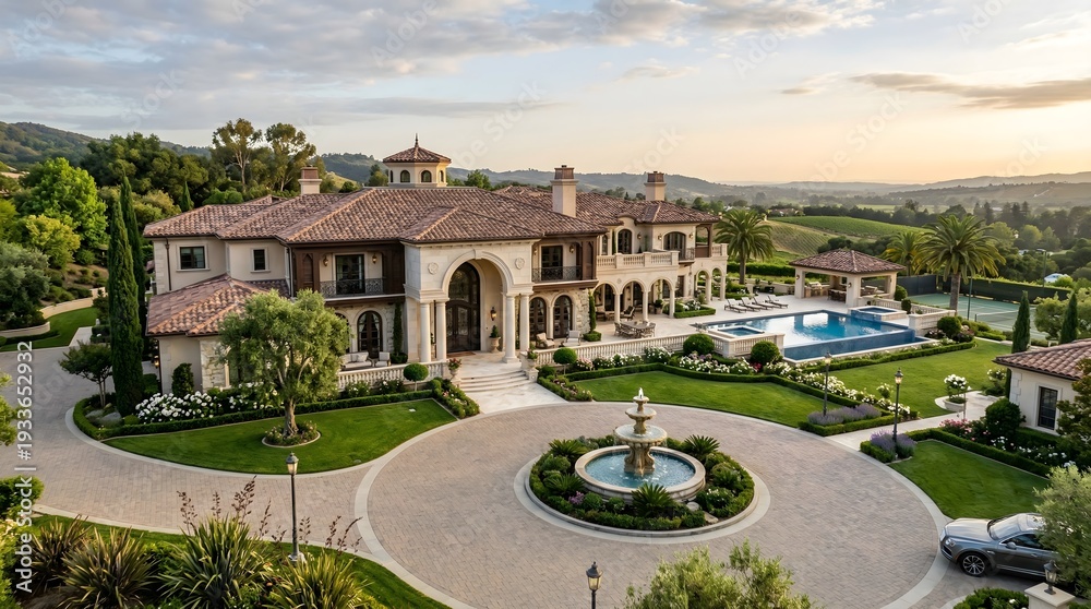 Obraz premium Mediterranean style villa, with a central water fountain and tile roof, surrounded by lush greenery, in an affluent neighborhood, real estate photography
