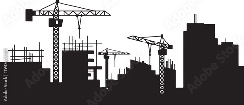 Black silhouette of city skyline with construction cranes and