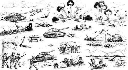 World War II Battle Scene: Tanks, Planes, Soldiers, and Explosions in a Hand-Drawn Sketch Style