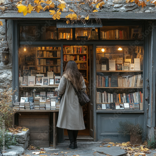 Woman standing in front of book shop.