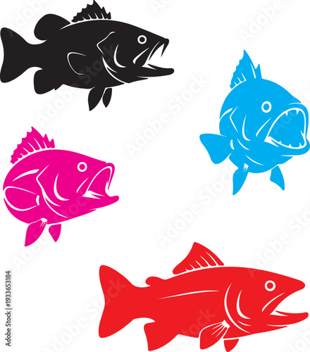 Dynamic collection of stylized vector fish in vibrant colors, depicting predatory species with open mouths, excellent for fishing, marine, and outdoor graphic projects
