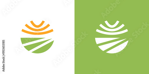 Dual meaning logo combining sun and farm elements, symbolizing natural energy, agricultural growth, sustainability, productivity, and a bright future in eco-friendly farming solutions.