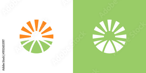 Dual meaning logo combining sun and farm elements, symbolizing renewable energy, sustainable agriculture, natural growth, productivity, and a bright future rooted in eco-friendly farming innovation.