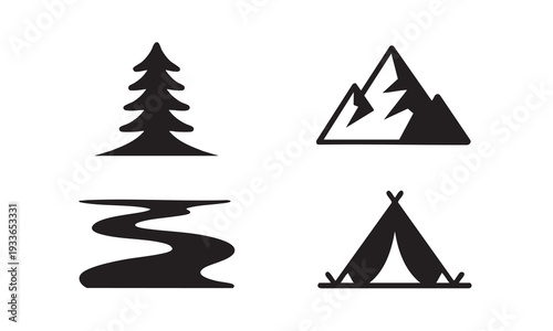 Outdoor camping illustrations with mountain forest and tent silhouette
