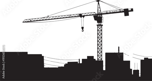 Black silhouette of construction crane and city skyline