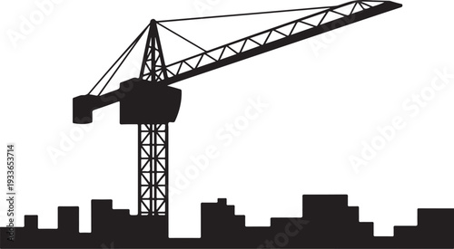 Black silhouette of construction crane and city skyline