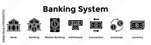 Banking System Banner Web Icon Vector Illustration Concept For Bank, Banking, Mobile Banking, Withdrawal, Transaction, Exchange, Currency