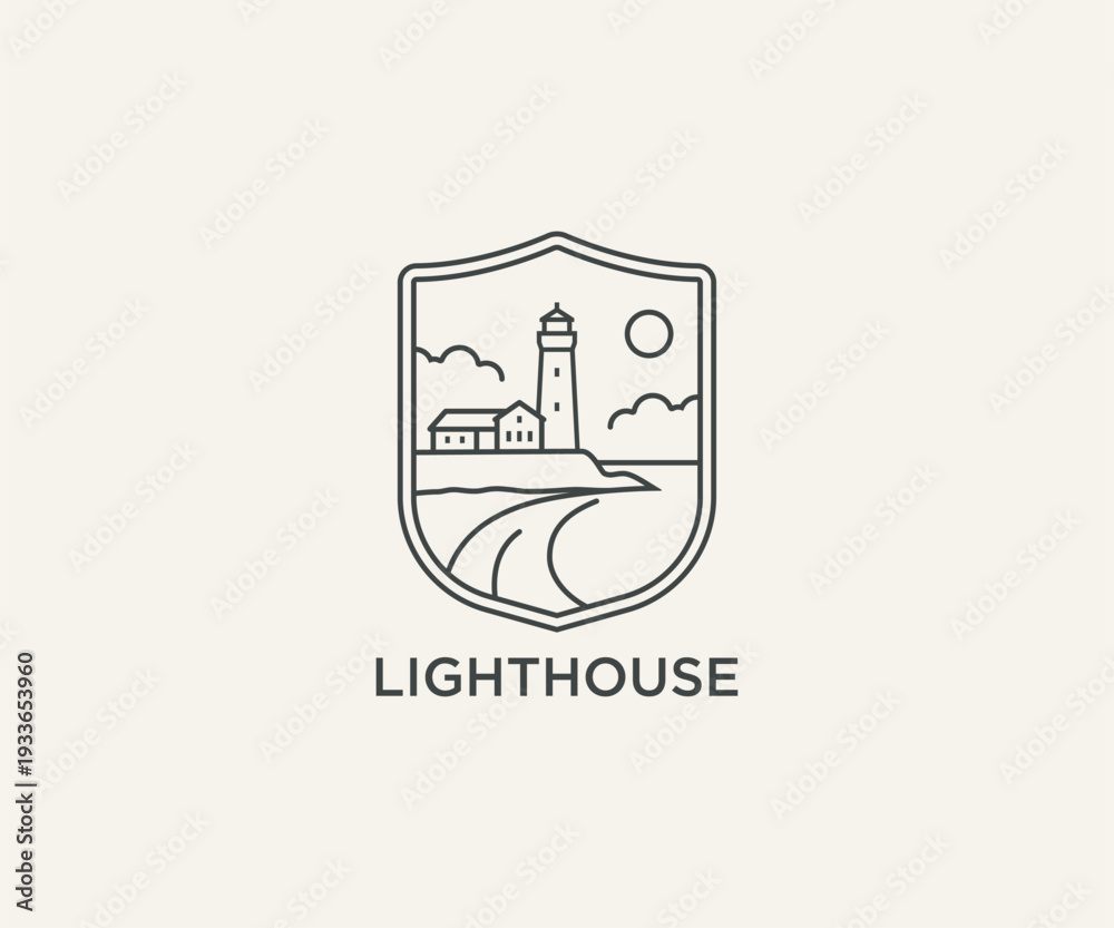 Obraz premium Seaside lighthouse emblem badge logo design. Simple linear illustration of beacon at the edge of the sea symbol logo sign