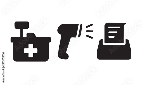 Cash register barcode scanner and receipt printer icons 