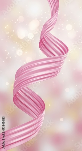 Flowing pink ribbon twists gracefully against a soft, sparkling background