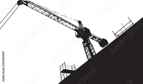 Black silhouette of construction crane on building