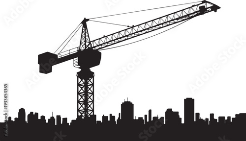 Black silhouette of construction crane over city skyline