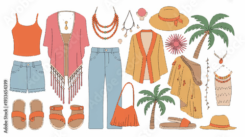 Vibrant summer fashion outfit with accessories and tropical elements on white background