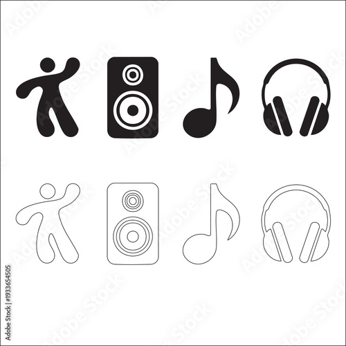 Music and audio icons with speaker note and headphones