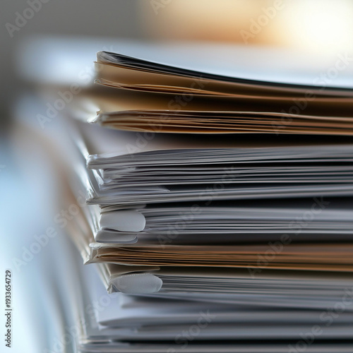 Stack of office documents and files on desk close up
