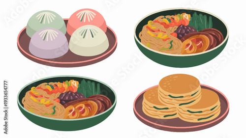 Assorted delicious breakfast foods on plates including pancakes buns and pastries with fruit on white background